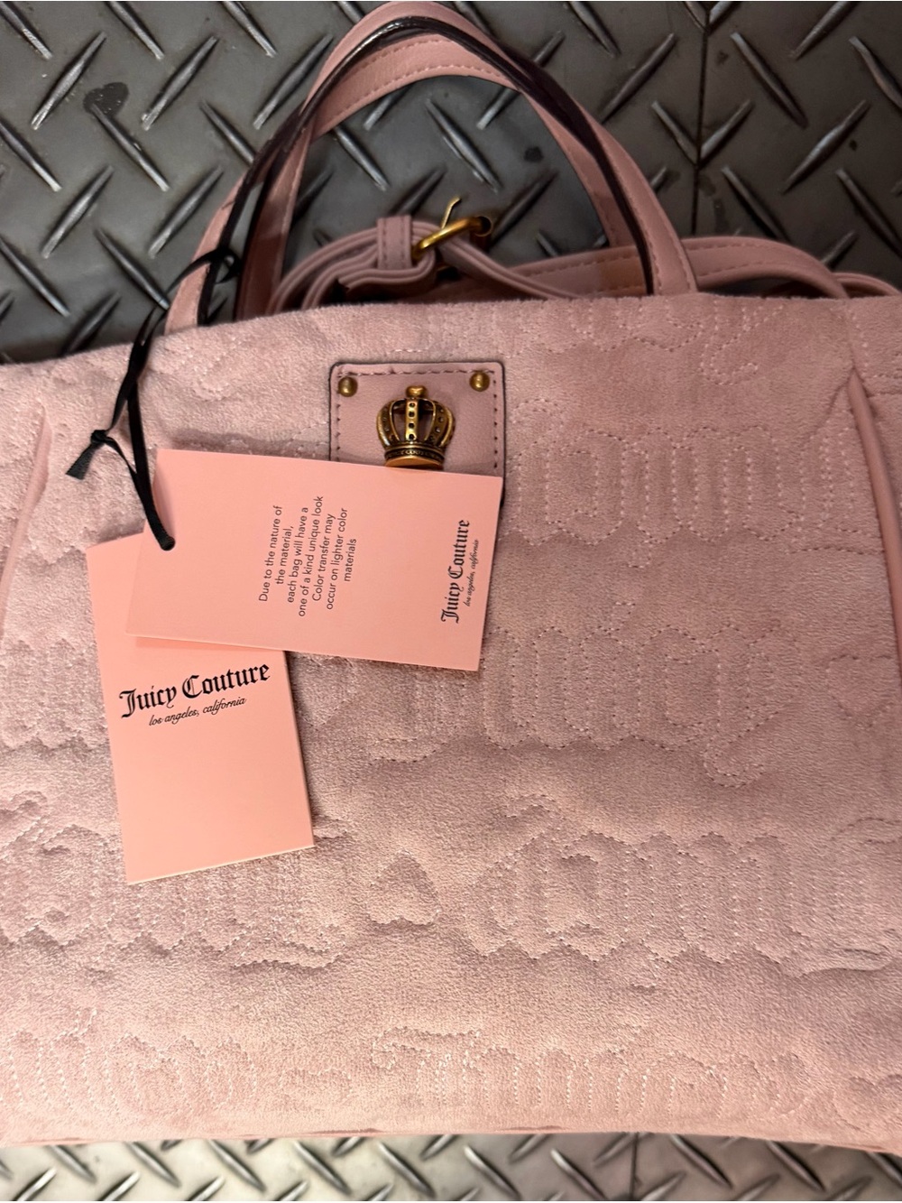 Juicy Couture Light Pink Embossed Logo Tote with Gold Crown Hardware